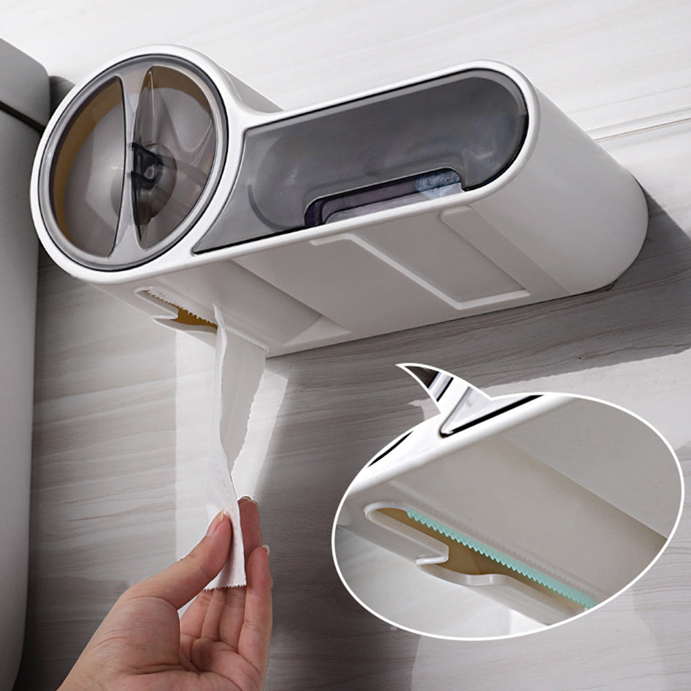 DroogHoud Selbstklebender Toilettenpapierhalter – Wasserdichte Wandlösung mit zusätzlichem Stauraum | Brehn