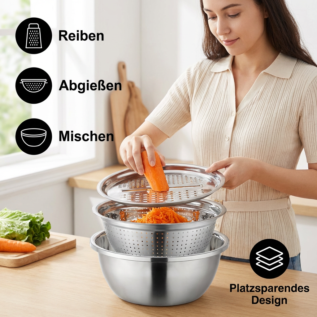 Gemüseschneider Set mit Reibe, Sieb und Rührschüssel | Brehn