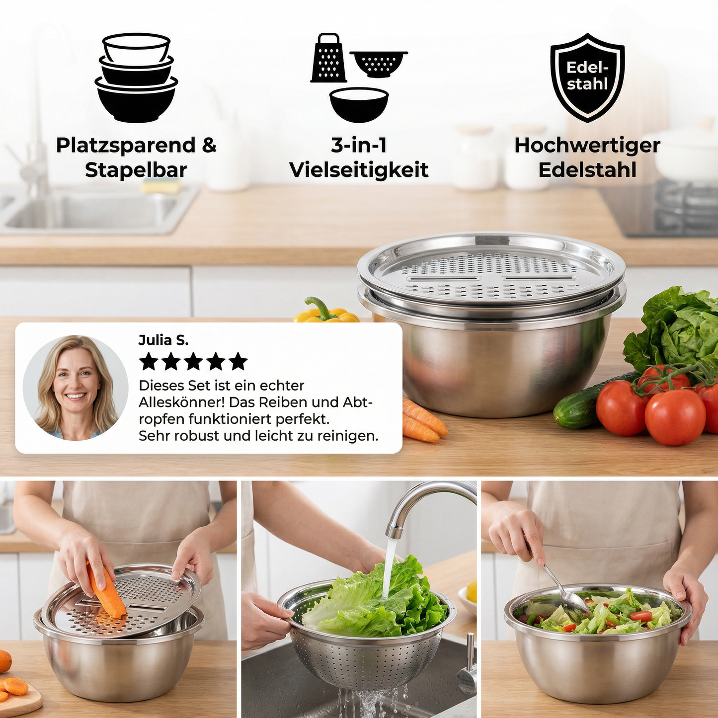Gemüseschneider Set mit Reibe, Sieb und Rührschüssel | Brehn