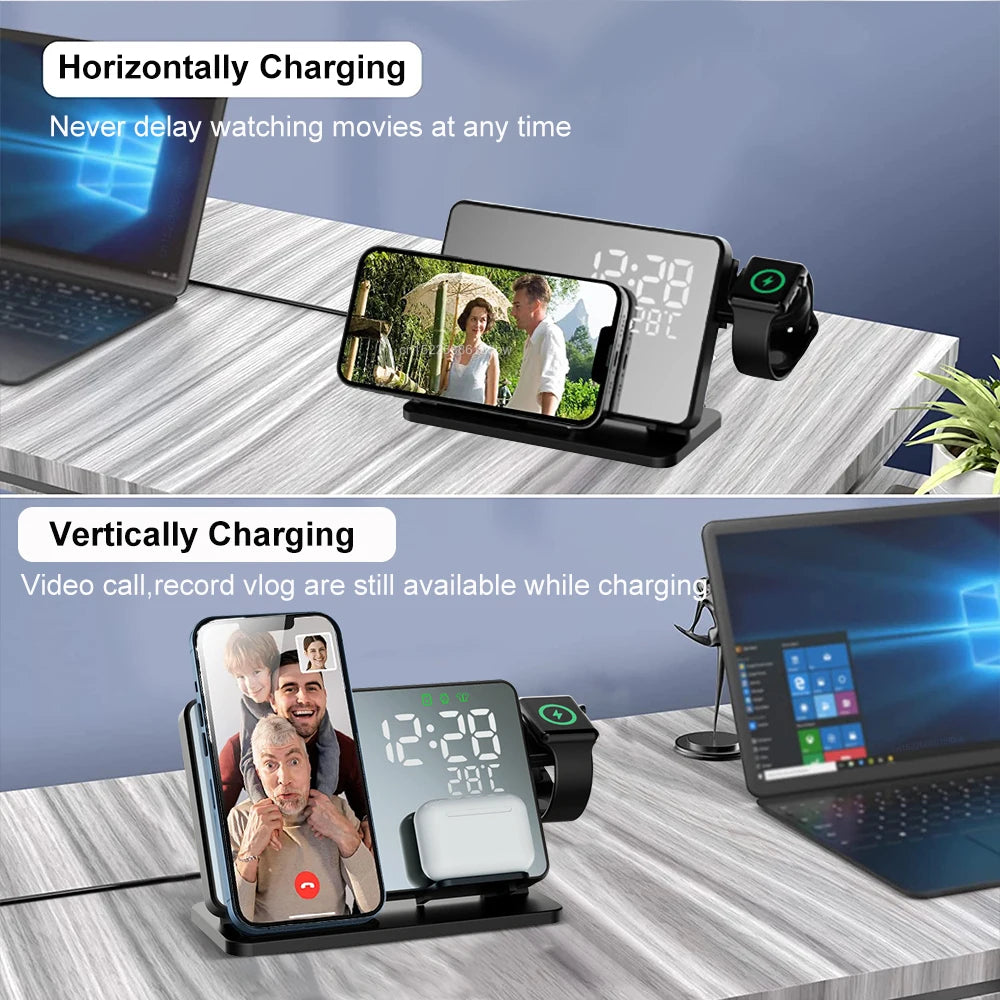 3-in-1 Schnellladegerät | Premium Wireless Schnelllade-Dockingstation mit Wecker | für Apple iPhone, Watch & AirPods