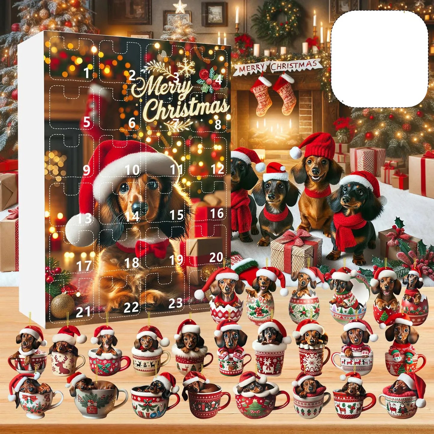 Brehn | Weihnachts-Adventskalender mit Dackel-Thema – 24-Tage-Countdown und dekoratives Acryl-Design