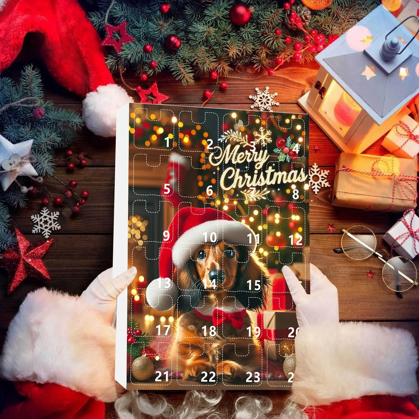 Brehn | Weihnachts-Adventskalender mit Dackel-Thema – 24-Tage-Countdown und dekoratives Acryl-Design