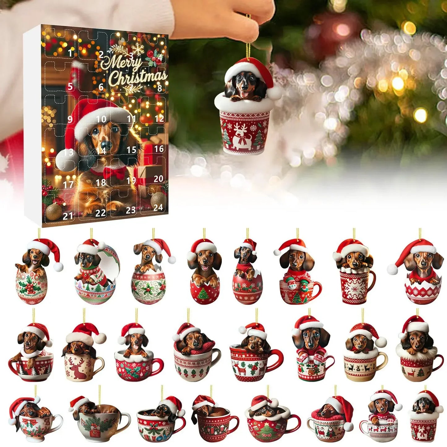 Brehn | Weihnachts-Adventskalender mit Dackel-Thema – 24-Tage-Countdown und dekoratives Acryl-Design