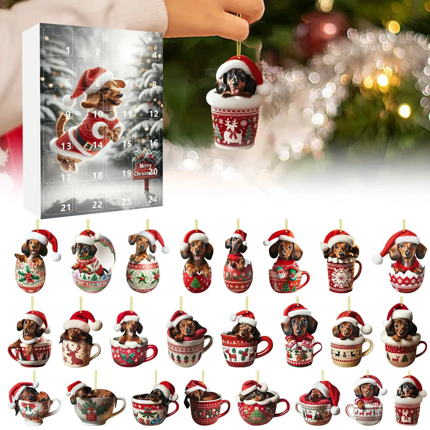 Brehn | Weihnachts-Adventskalender mit Dackel-Thema – 24-Tage-Countdown und dekoratives Acryl-Design