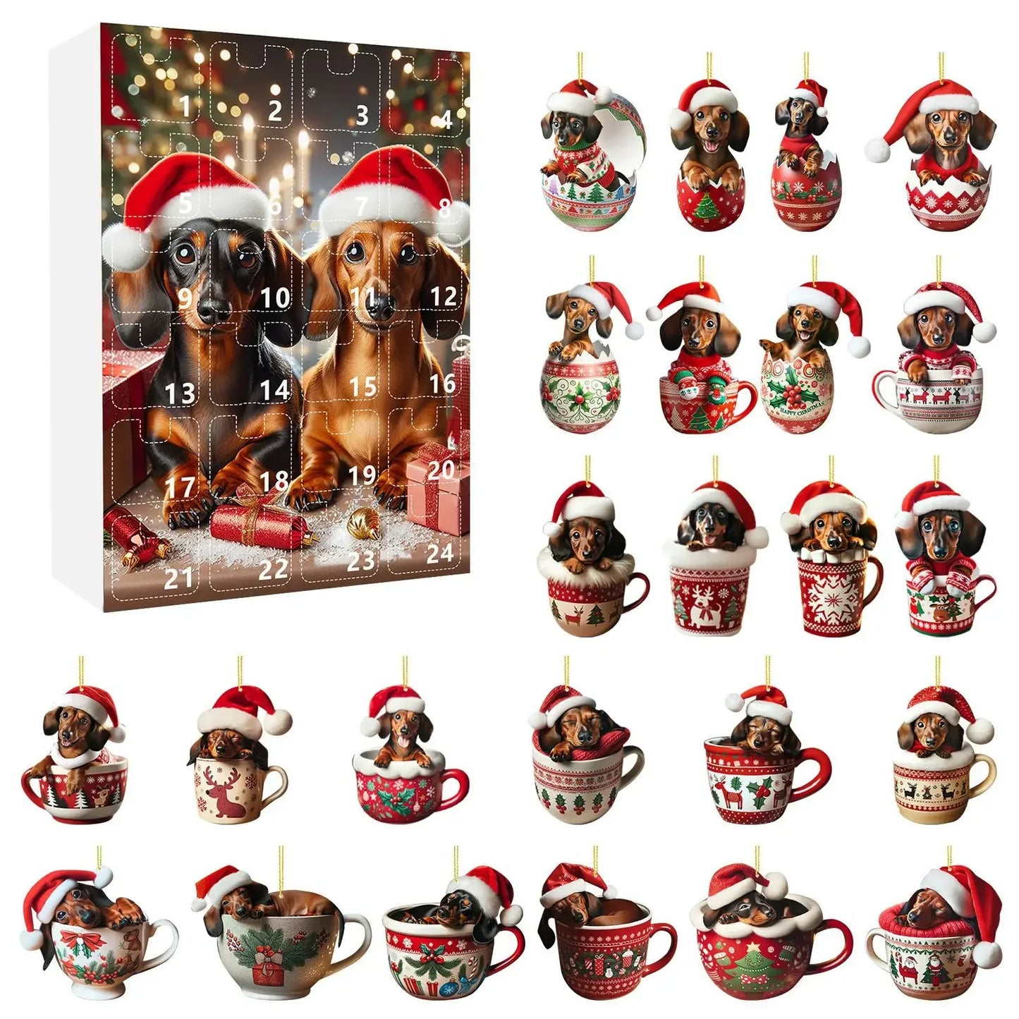 Brehn | Weihnachts-Adventskalender mit Dackel-Thema – 24-Tage-Countdown und dekoratives Acryl-Design