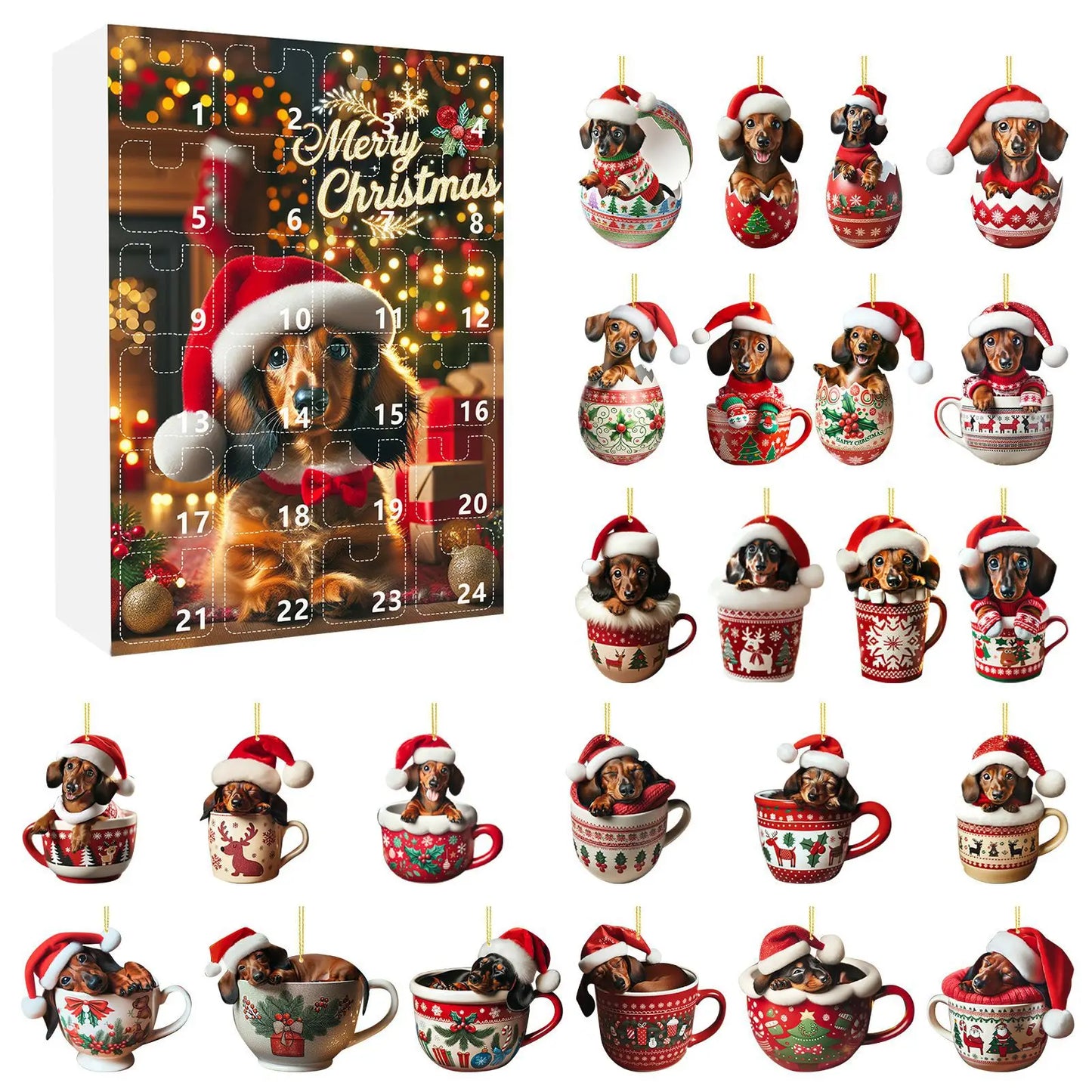 Brehn | Weihnachts-Adventskalender mit Dackel-Thema – 24-Tage-Countdown und dekoratives Acryl-Design