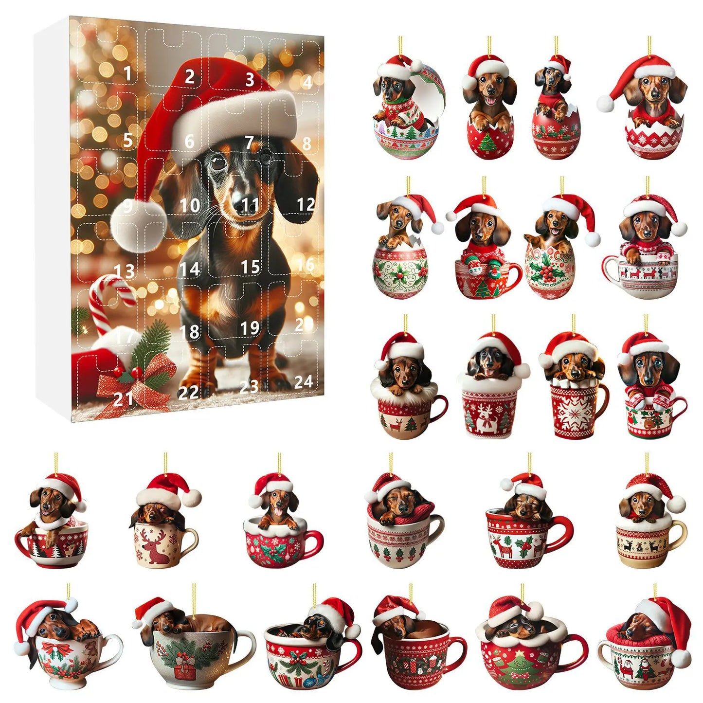 Brehn | Weihnachts-Adventskalender mit Dackel-Thema – 24-Tage-Countdown und dekoratives Acryl-Design