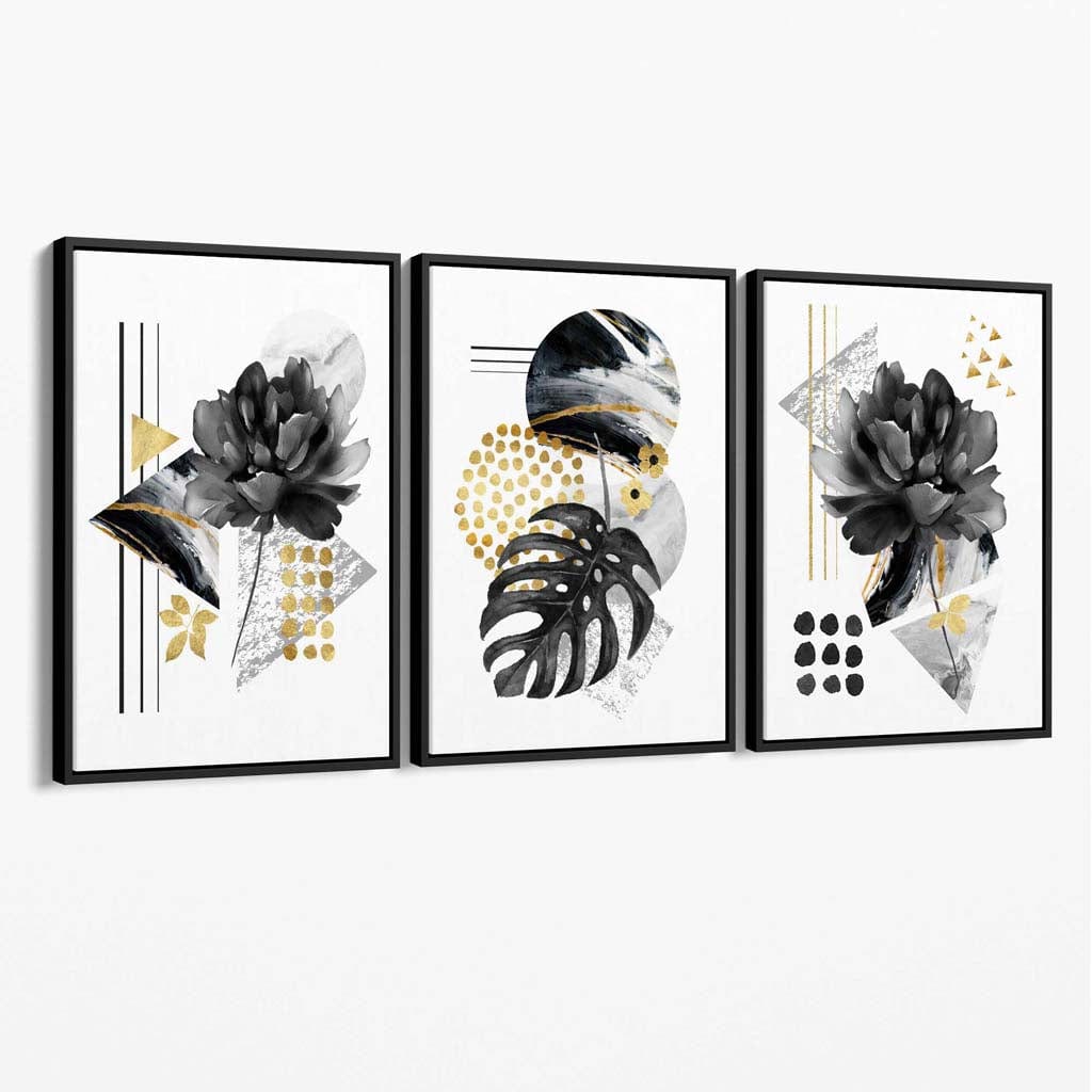 Abstraktes 3er-Set floraler Leinwandbilder in Schwarz und Gold