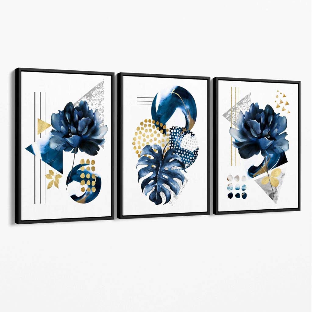 Abstraktes marineblaues und goldenes 3er-Set floraler Leinwandbilder