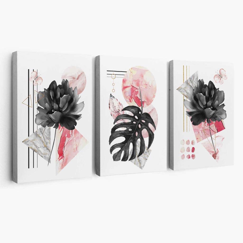 Abstraktes rosa-schwarzes 3er-Set floraler Leinwandbilder