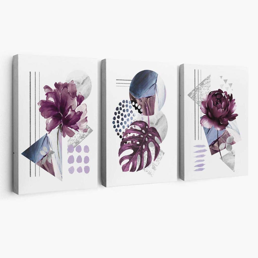 Abstraktes Set aus 3 Leinwandbildern mit lila und silbergrauen Blumen