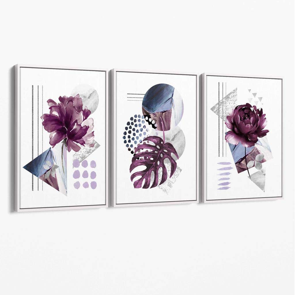 Abstraktes Set aus 3 Leinwandbildern mit lila und silbergrauen Blumen