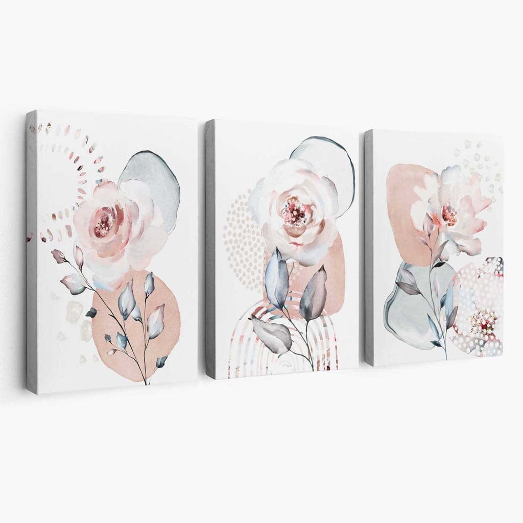 Set aus 3 floralen Leinwandbildern in Rosa und Grau