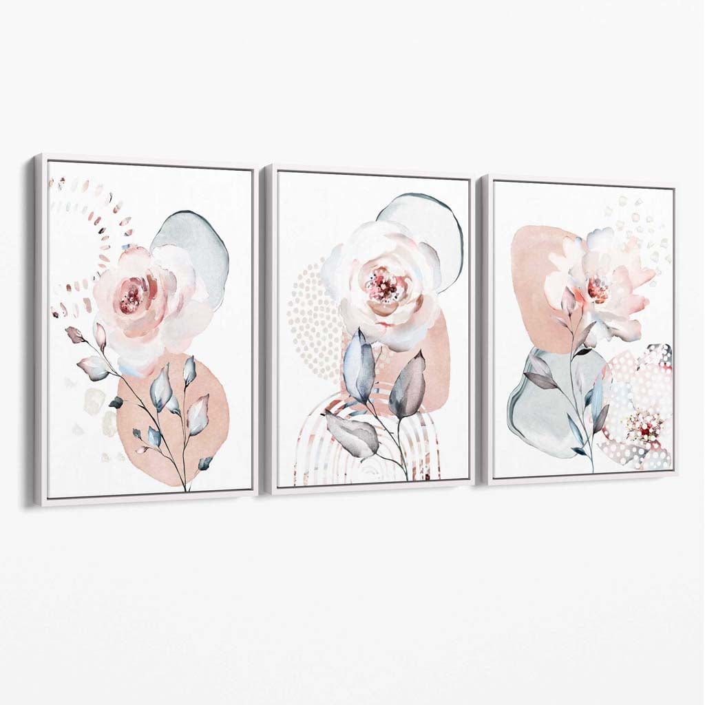 Set aus 3 floralen Leinwandbildern in Rosa und Grau