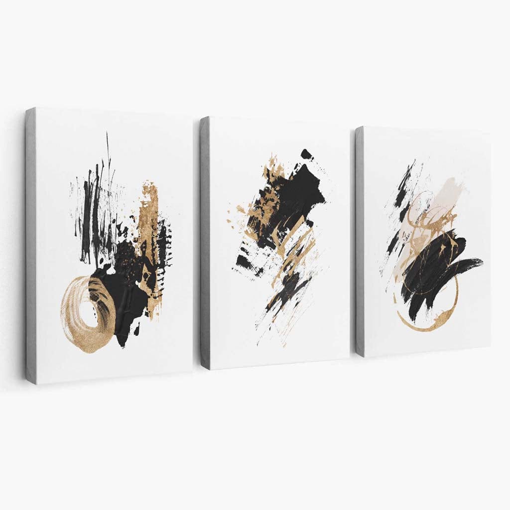 Abstraktes Set aus 3 minimalistischen Leinwandbildern in Schwarz und Gold