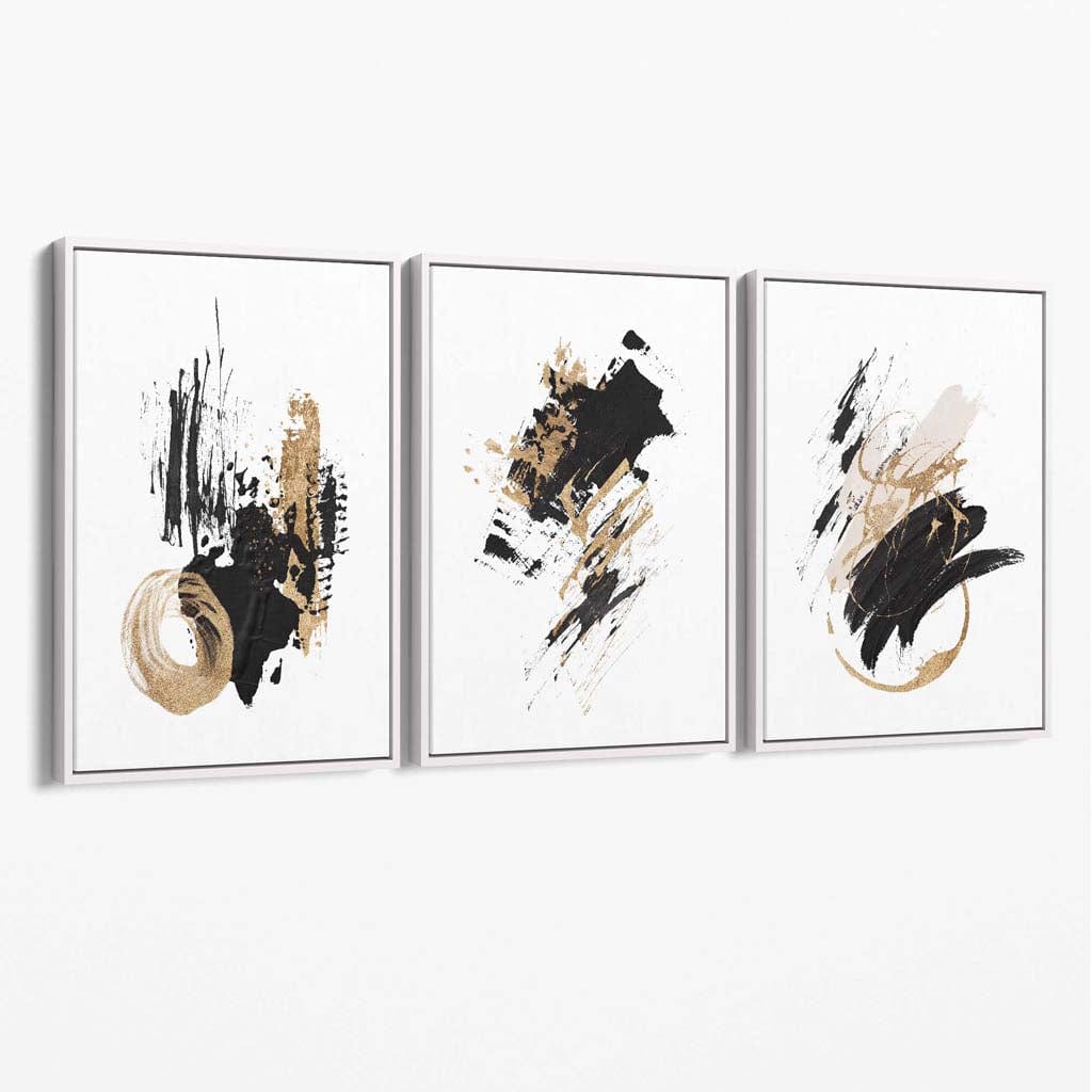 Abstraktes Set aus 3 minimalistischen Leinwandbildern in Schwarz und Gold