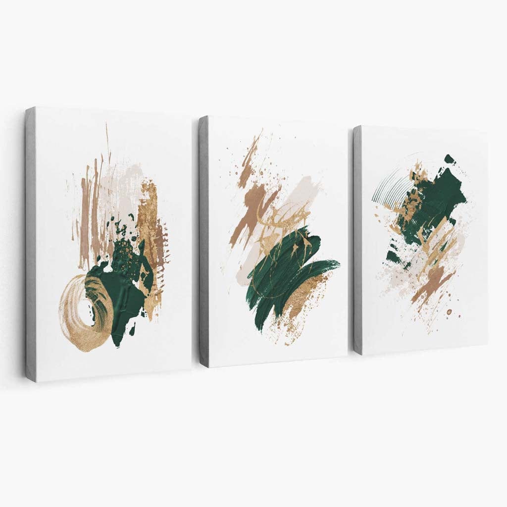 Abstraktes, grünes und goldenes Set aus 3 minimalistischen Leinwandbildern