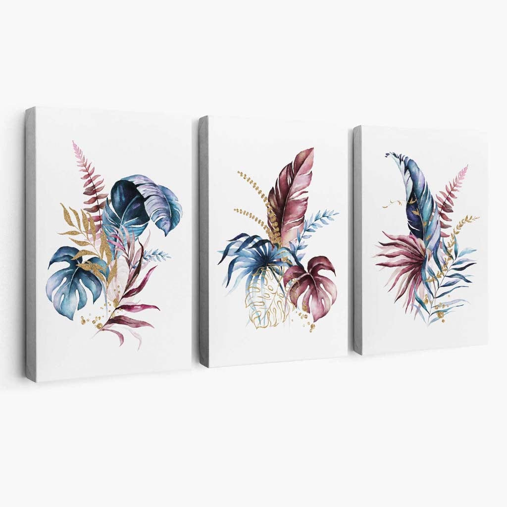 Botanisches Set aus 3 rosa-blauen floralen Leinwandbildern