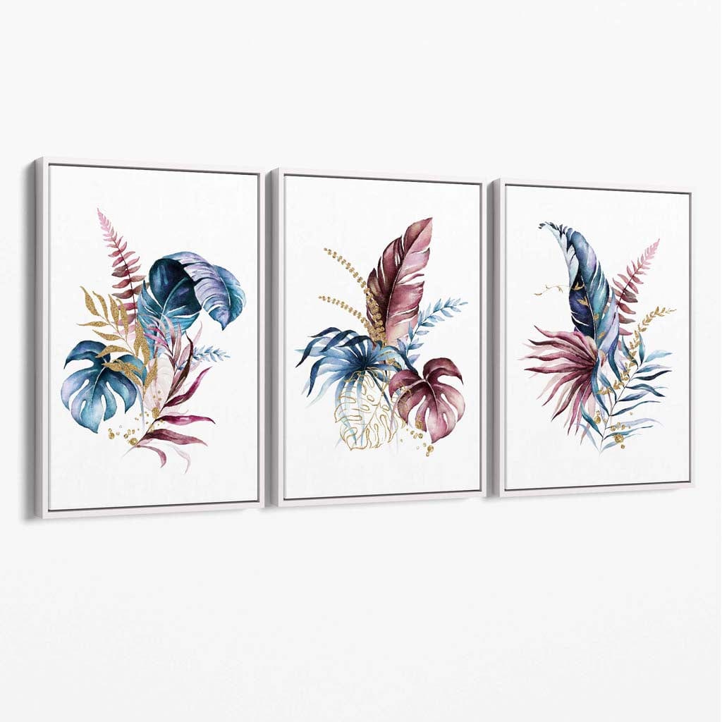 Botanisches Set aus 3 rosa-blauen floralen Leinwandbildern