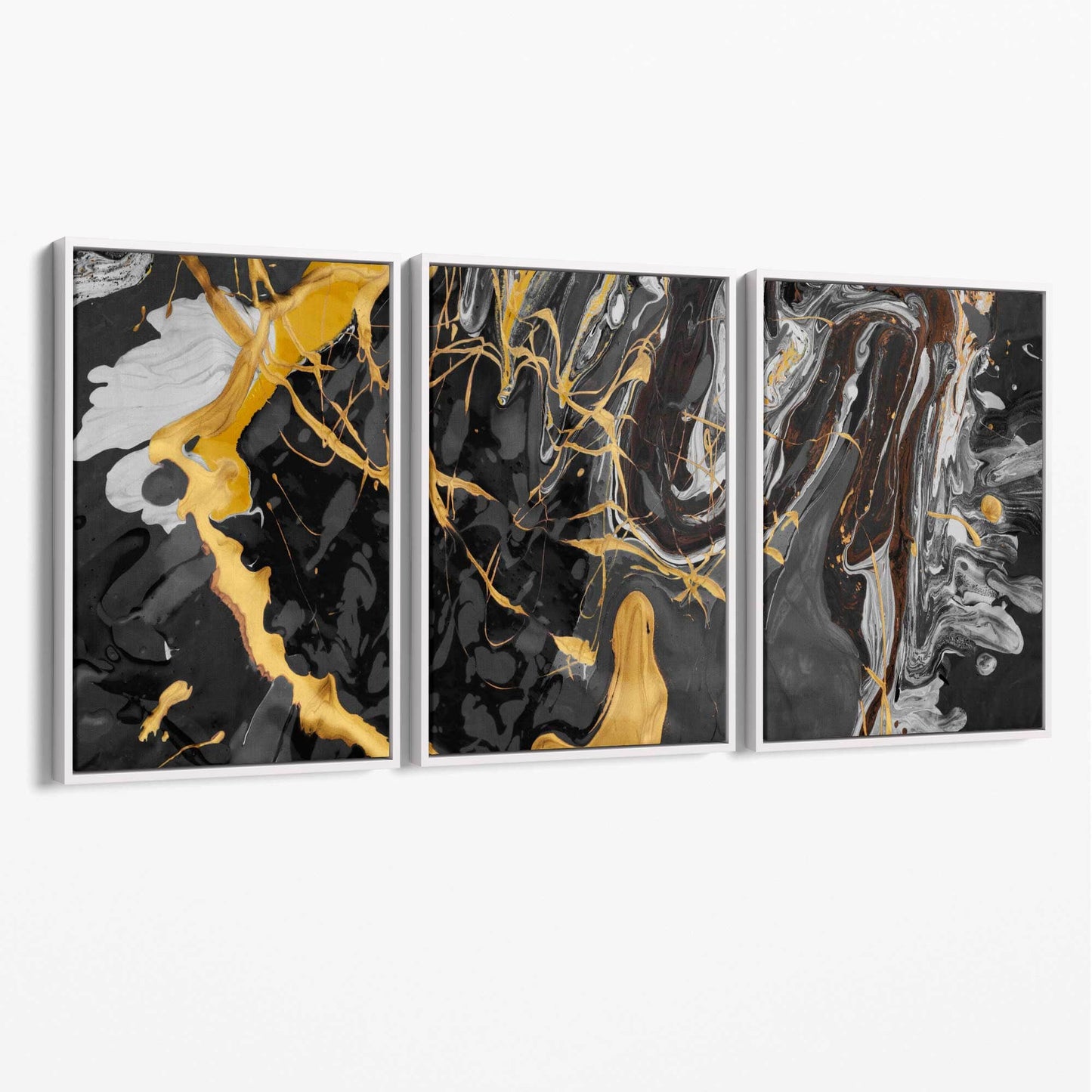 Abstraktes Schwarz-Gelb-Kunstset mit 3 Leinwänden