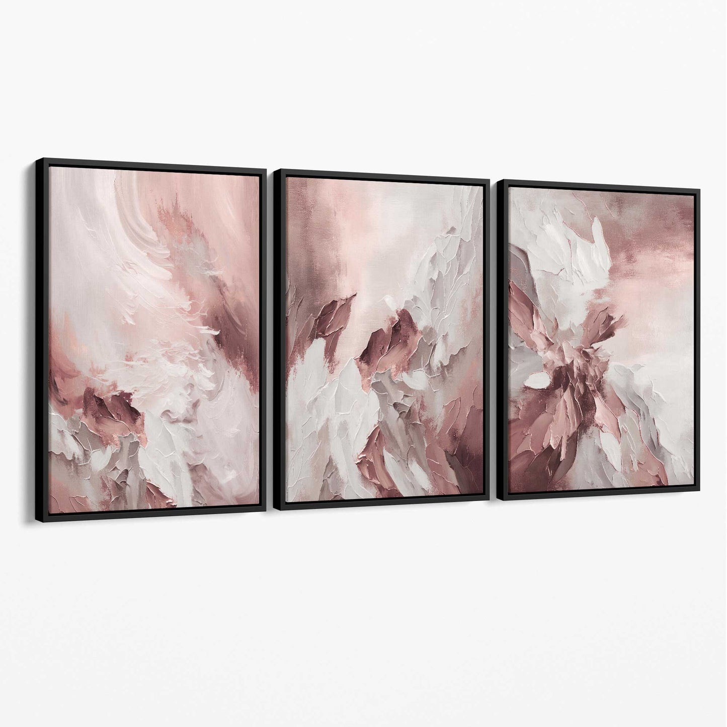 Abstraktes Set aus 3 Leinwandbildern in zartem Rosa und Weiß