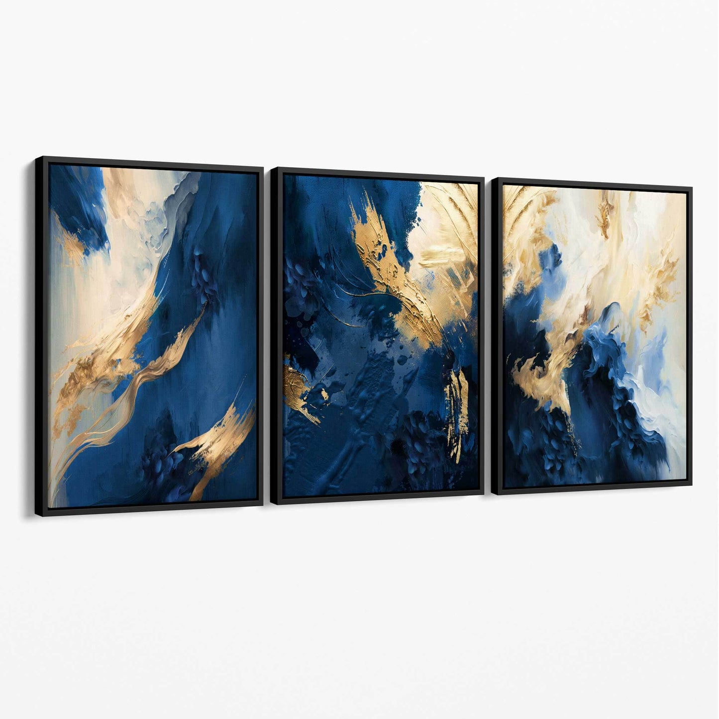 Abstraktes Set aus 3 Leinwandbildern in Blau und Gold