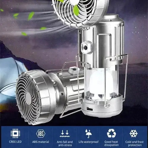 Campinglaterne mit Ventilator & Powerbank | Solar- und wiederaufladbares LED-Licht | Tragbares Outdoor-Equipment | Brehn
