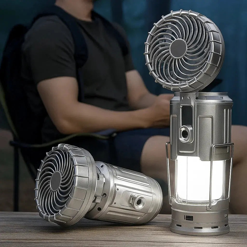 Campinglaterne mit Ventilator & Powerbank | Solar- und wiederaufladbares LED-Licht | Tragbares Outdoor-Equipment | Brehn