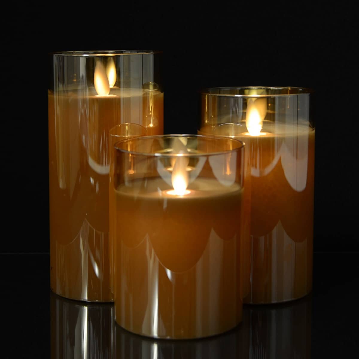 LED-Kerze in Glas mit beweglicher Flamme und Fernbedienung - Gold - 3 Stück | Brehn