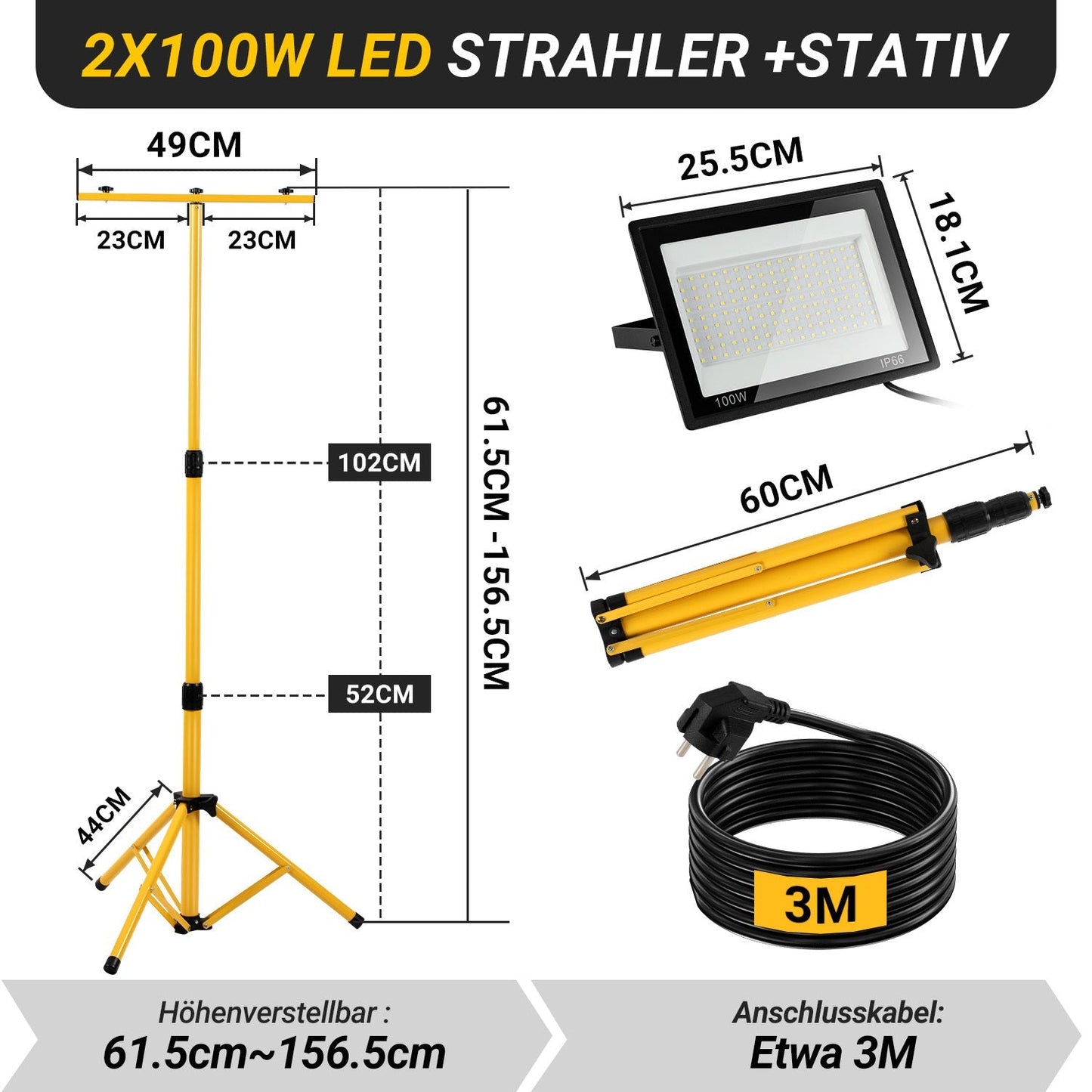 LED Baustrahler 2 x 50W/100W/200W mit Stativ Einstellbar | Brehn
