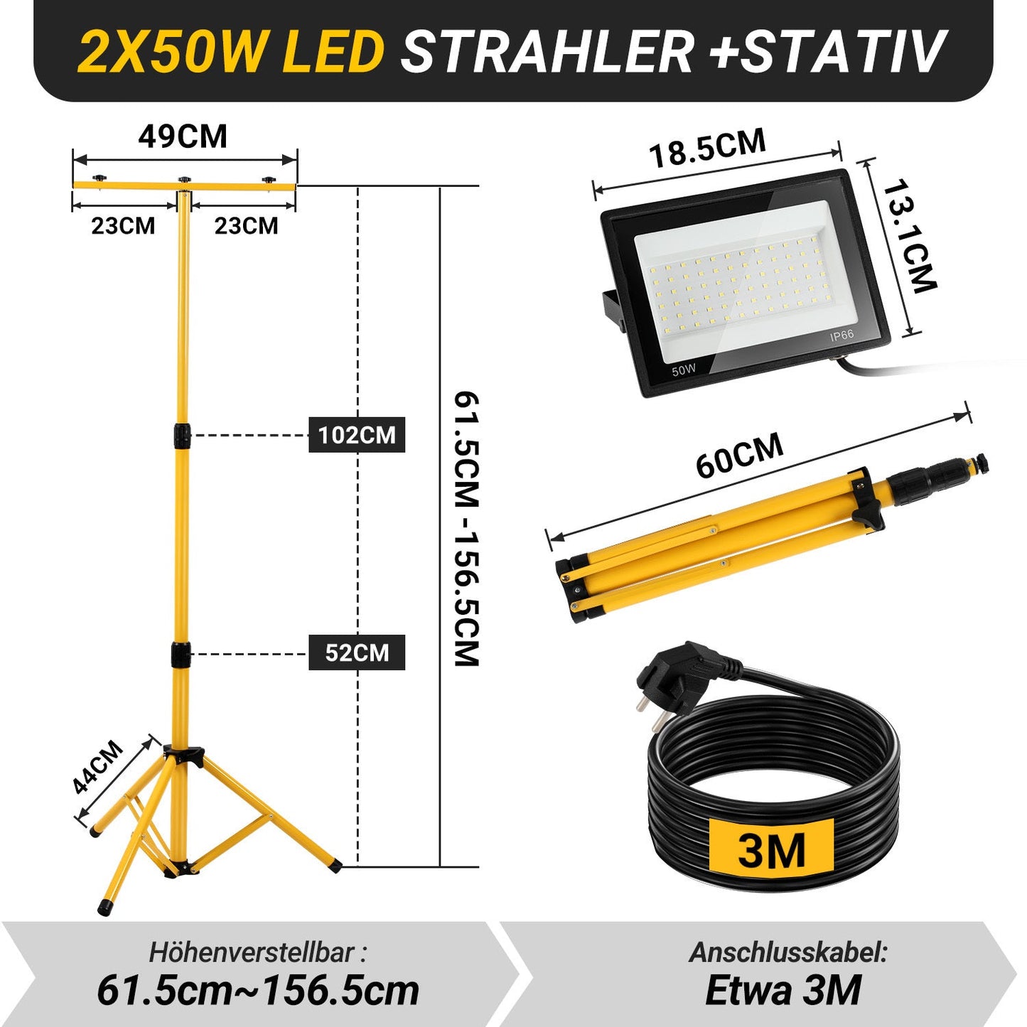 LED Baustrahler 2 x 50W/100W/200W mit Stativ Einstellbar | Brehn