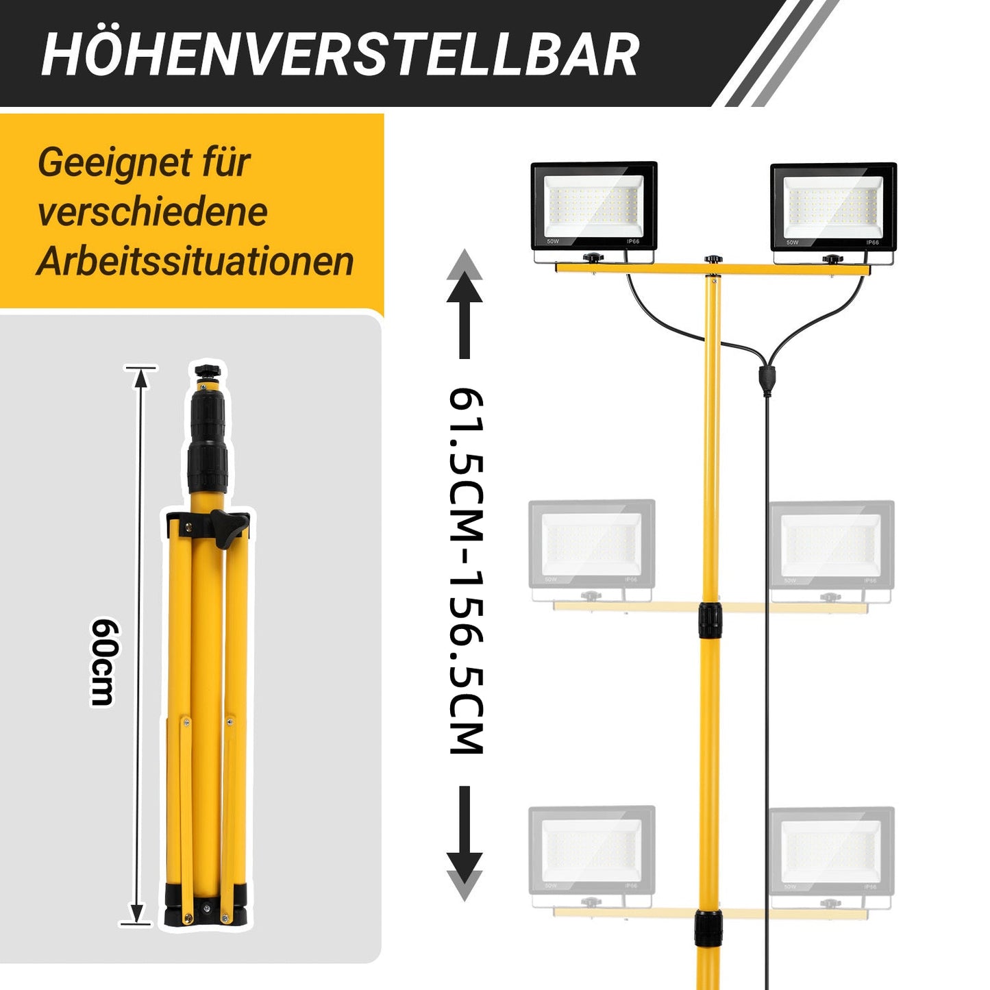 LED Baustrahler 2 x 50W/100W/200W mit Stativ Einstellbar | Brehn