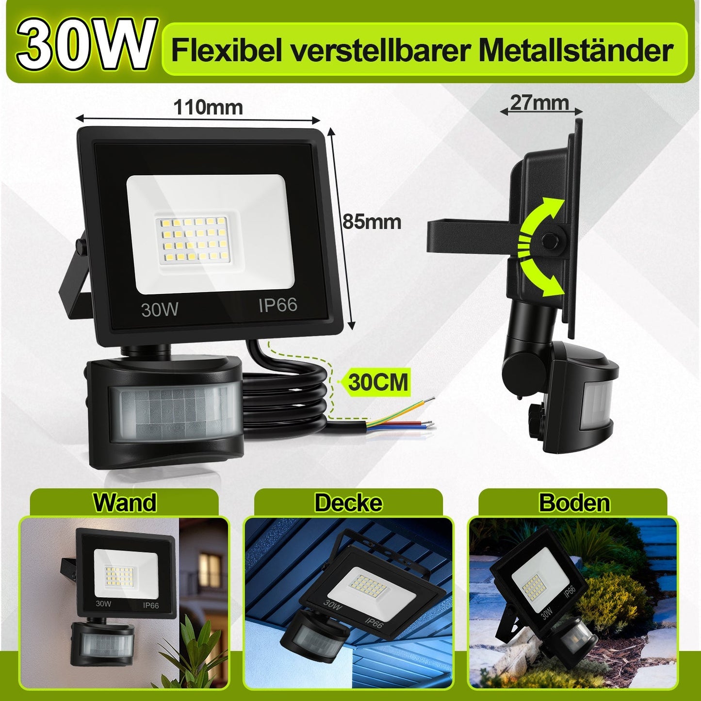 LED Fluter mit Bewegungsmelder Kaltweiß 10W-100W(kein Stecker) | Brehn