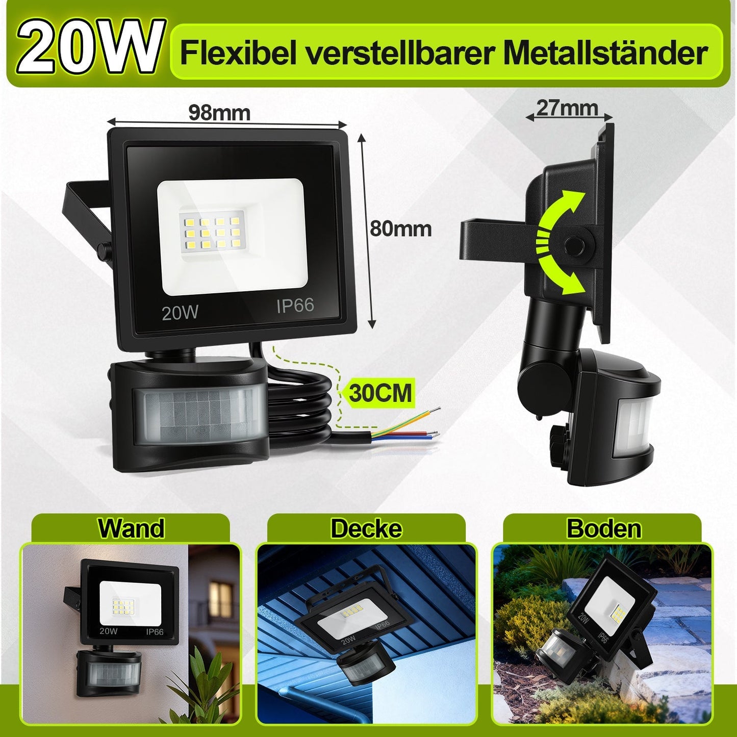 LED Fluter mit Bewegungsmelder Kaltweiß 10W-100W(kein Stecker) | Brehn