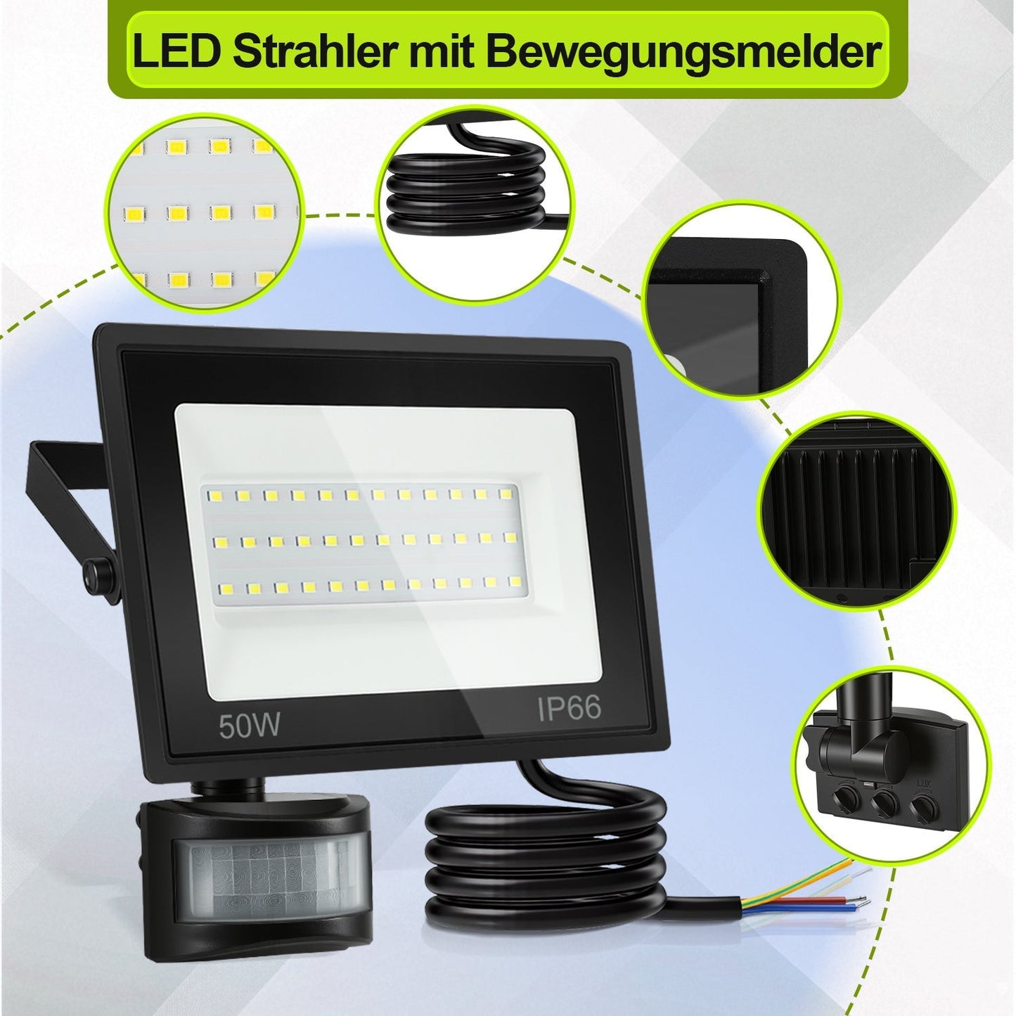 LED Fluter mit Bewegungsmelder Kaltweiß 10W-100W(kein Stecker) | Brehn