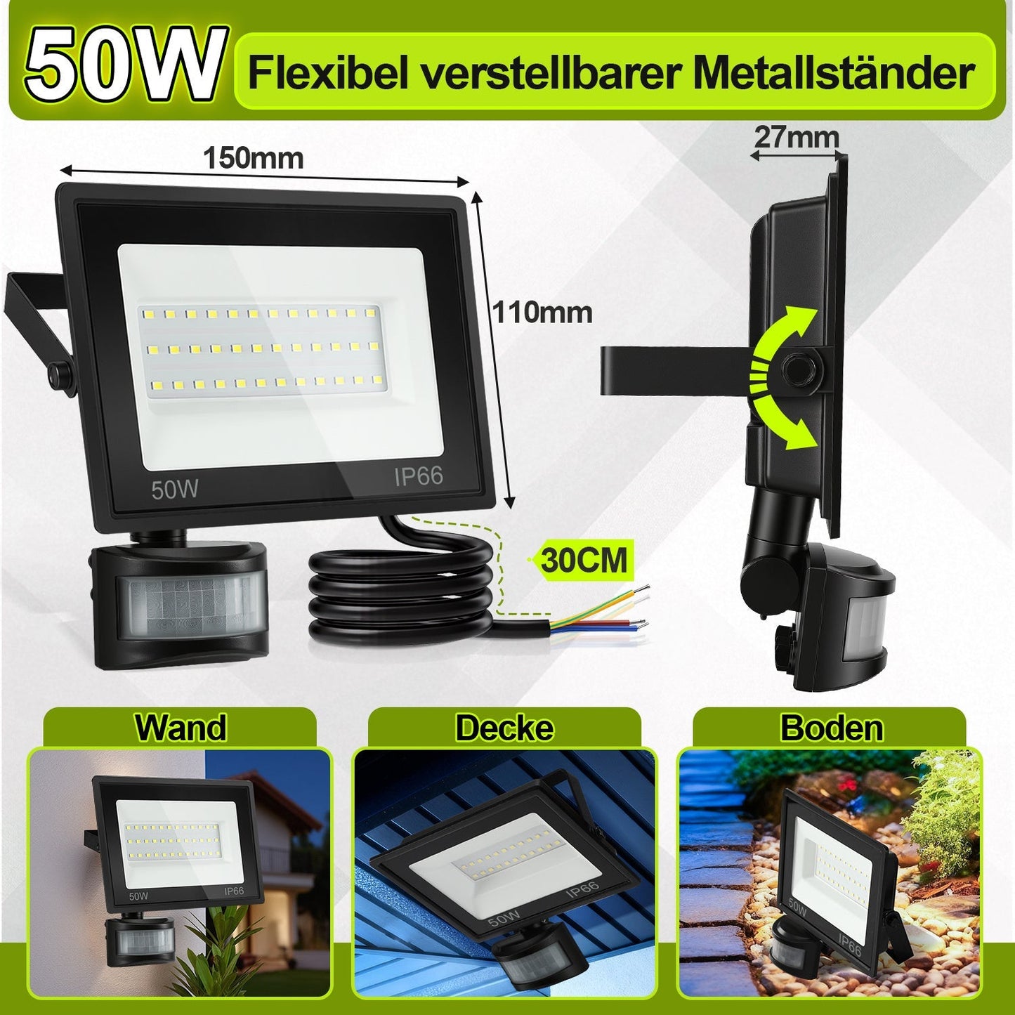 LED Fluter mit Bewegungsmelder Kaltweiß 10W-100W(kein Stecker) | Brehn
