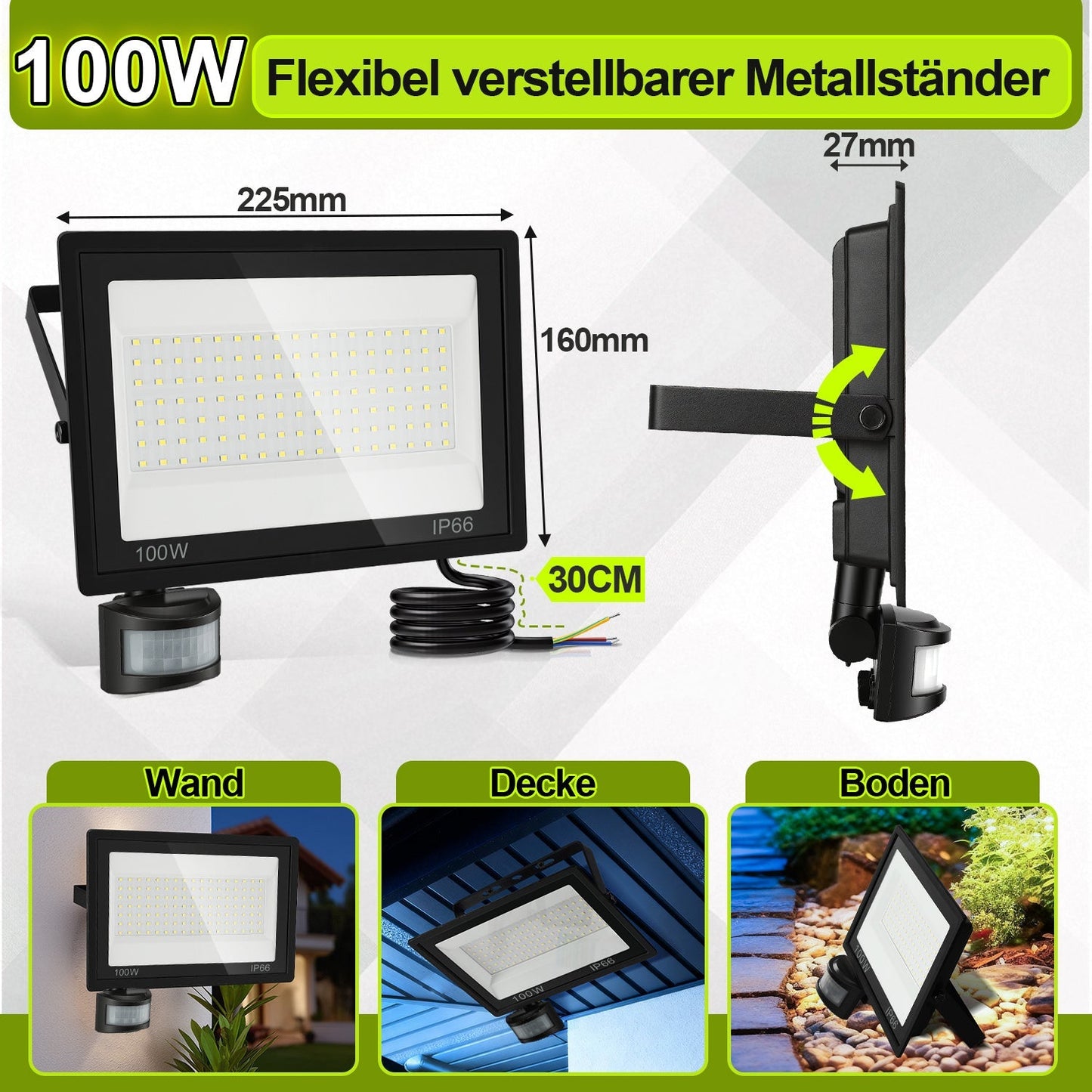 LED Fluter mit Bewegungsmelder Kaltweiß 10W-100W(kein Stecker) | Brehn