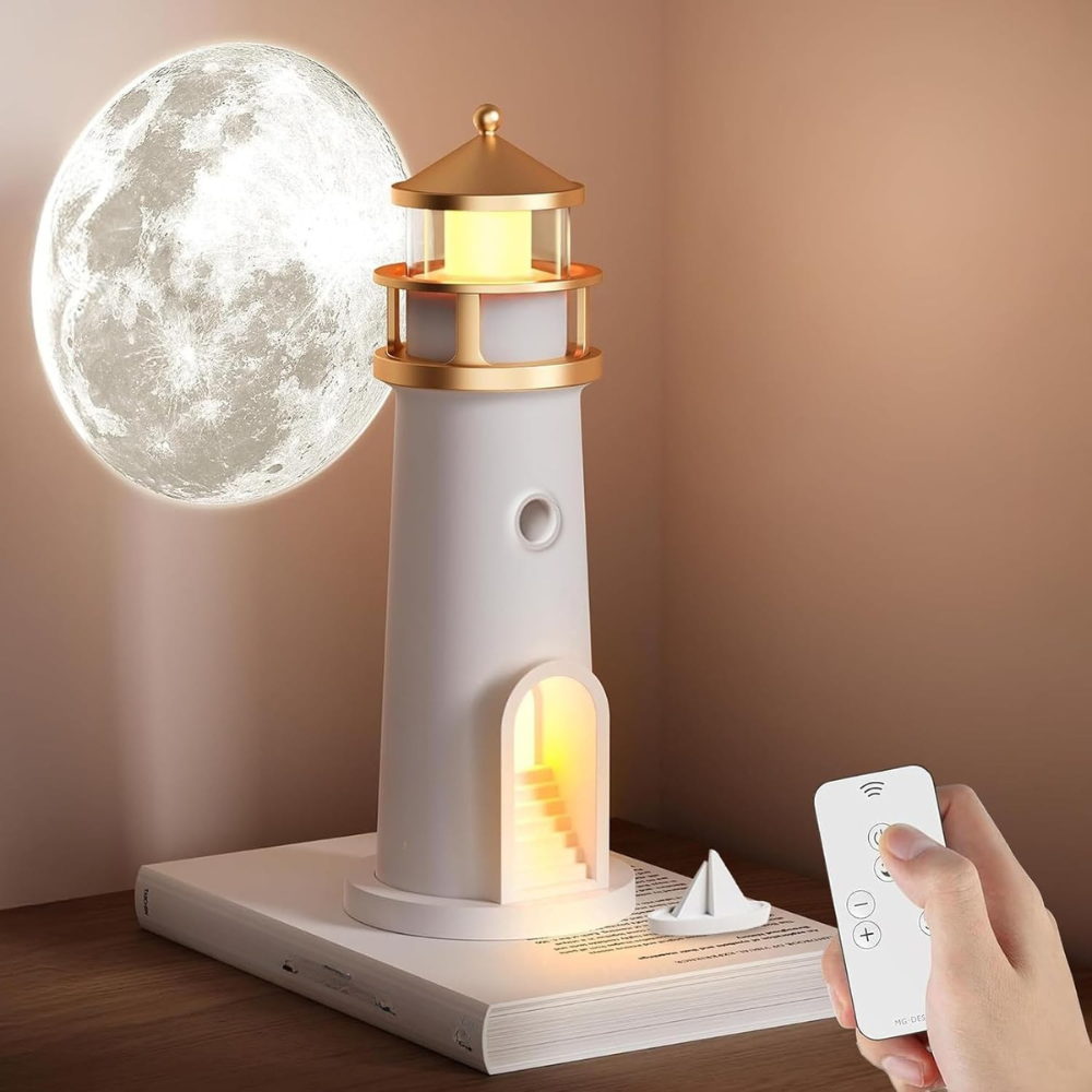 Brehn | Mond Nachtlampe mit 3D-Projektion und Laternenlicht – Ideal für Schlafzimmer, Fernbedienung, USB-C-Akku