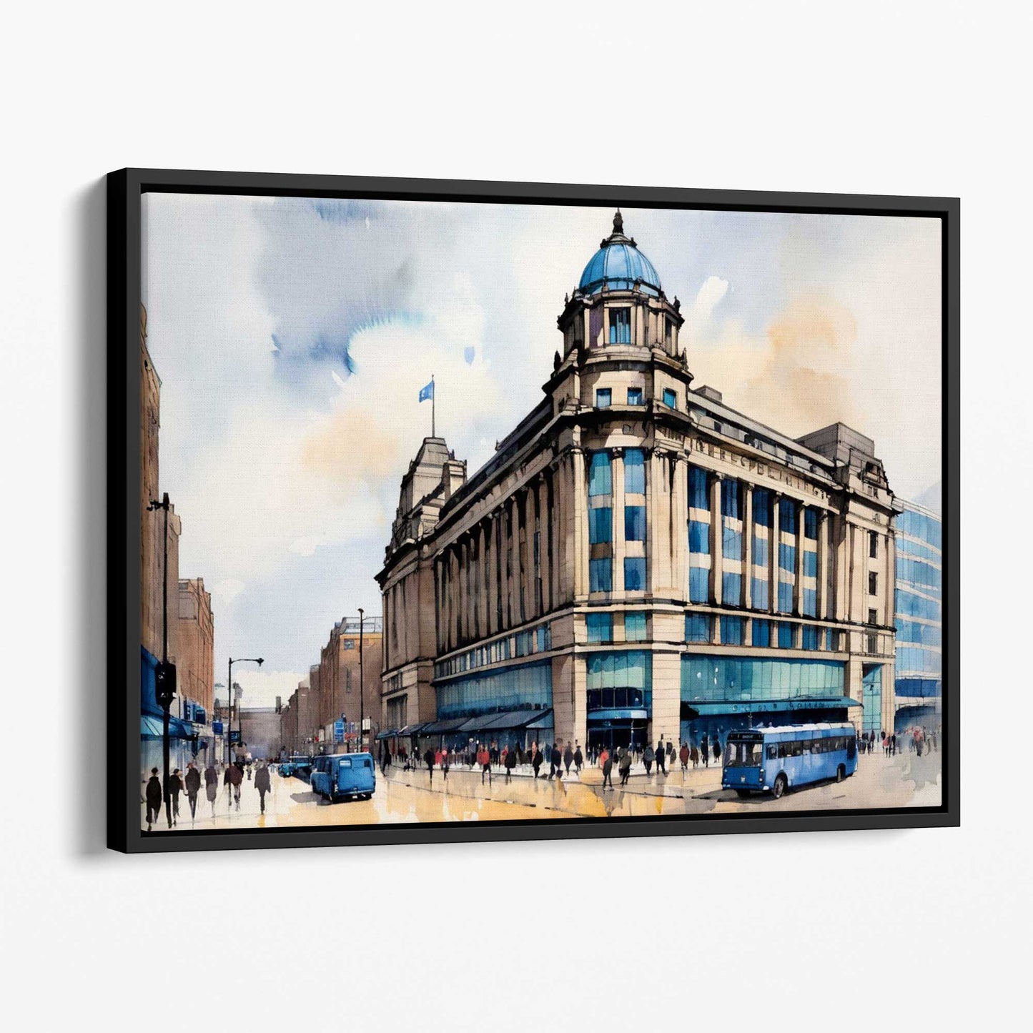 Abstraktes Wandbild mit ikonischem Manchester City-Gebäude im Art-déco-Stil