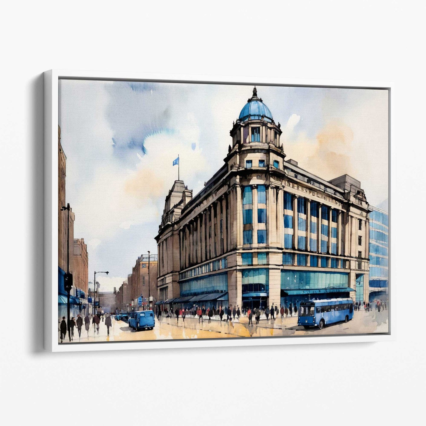Abstraktes Wandbild mit ikonischem Manchester City-Gebäude im Art-déco-Stil