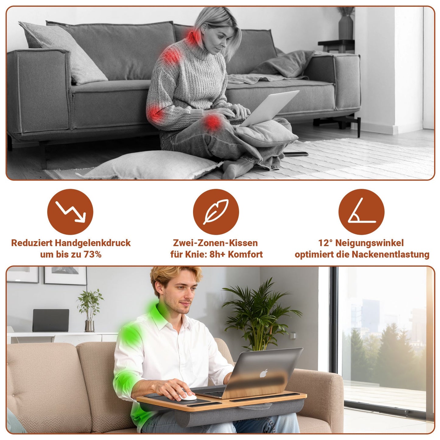 Laptopkissen Ergonomisch Laptoptisch mit Handgelenkauflage & Hepolsterter | Brehn