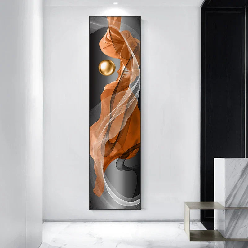 Licht Luxus Abstrakte Goldene Drapierung Feine Kunst Leinwand Drucke Vertikale Wand Kunst Stücke mit Reichen Amber Tönen und Glänzender Kugel für Modernes Zuhause oder Bürodekor