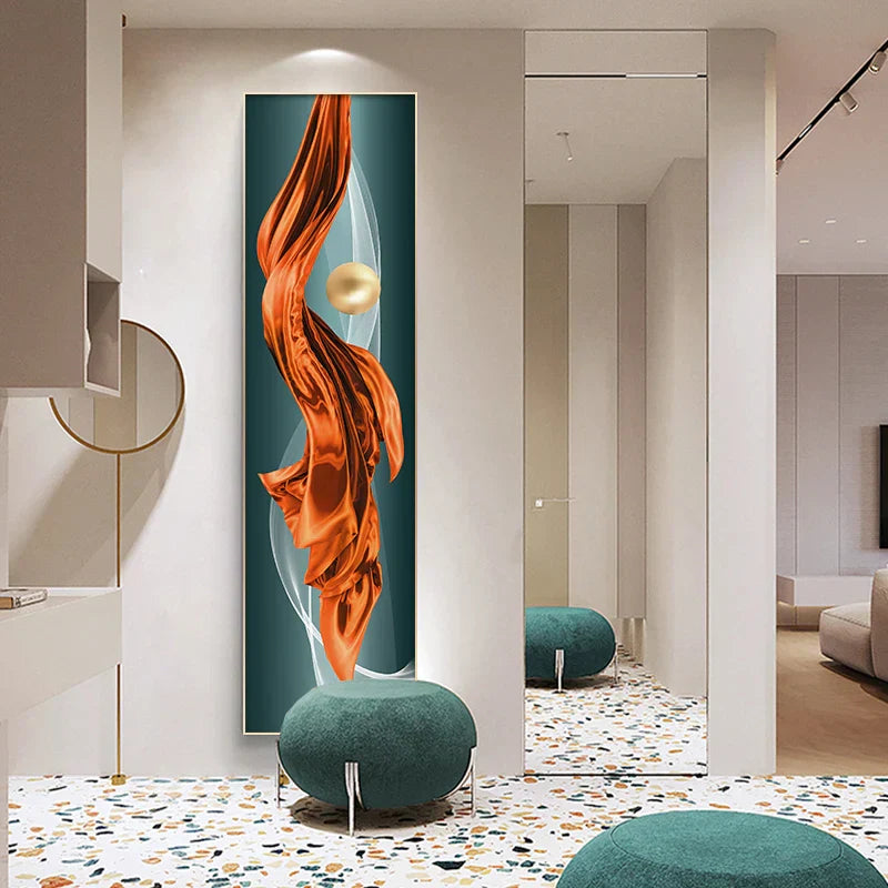 Licht Luxus Abstrakte Goldene Drapierung Feine Kunst Leinwand Drucke Vertikale Wand Kunst Stücke mit Reichen Amber Tönen und Glänzender Kugel für Modernes Zuhause oder Bürodekor