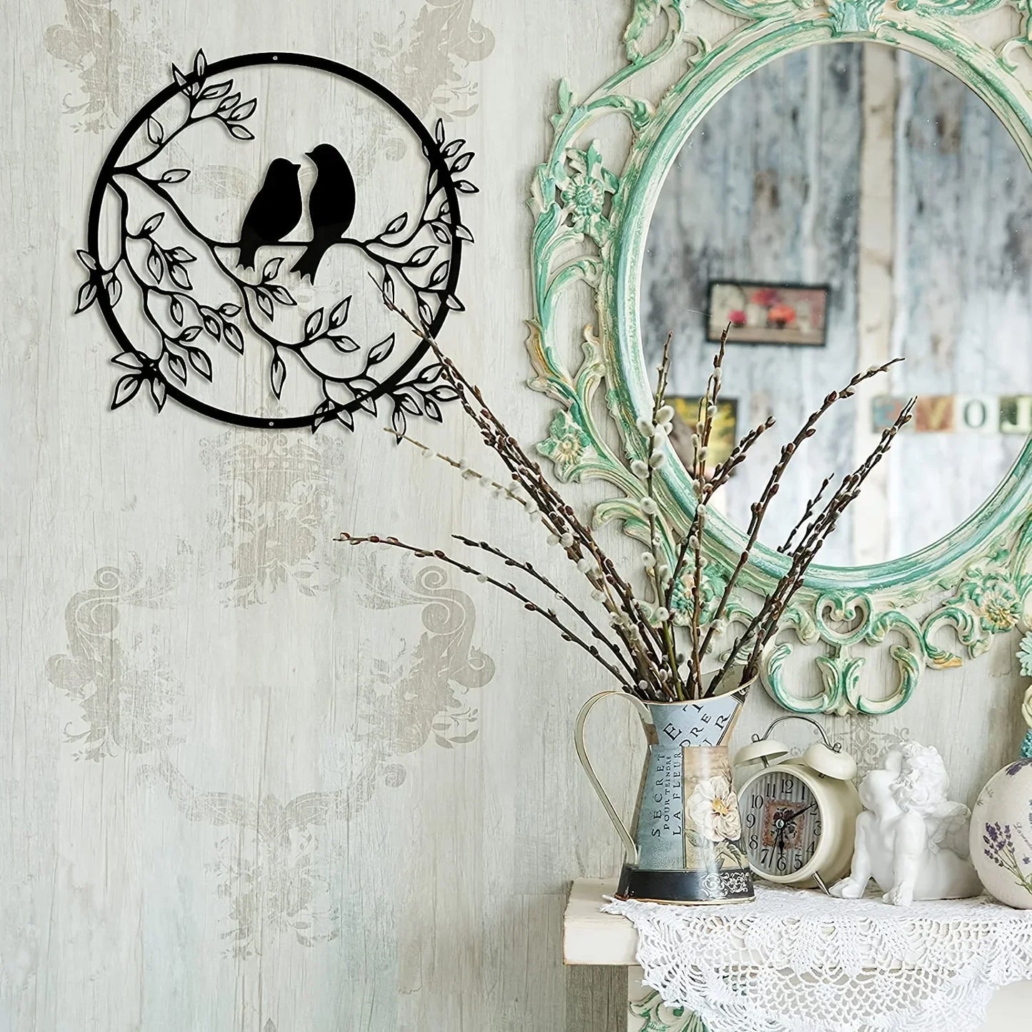 Love Birds Auf Einem Zweig Metall Wandkunst 3D Skulpturiertes Eisenhandwerk Vogel Silhouette Wanddekoration Für Wohnzimmer Esszimmer Garten Kreative Nordische Wohnkultur
