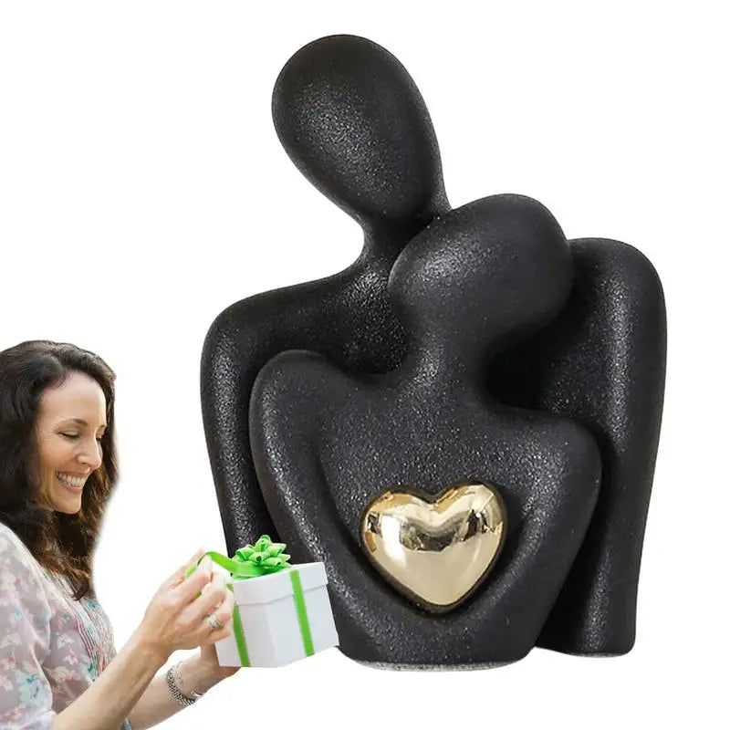 Lovers Skulptur Minimalistisch Nordisch Abstrakt Keramische Figur Kunst mit Goldenem Herz Akzent