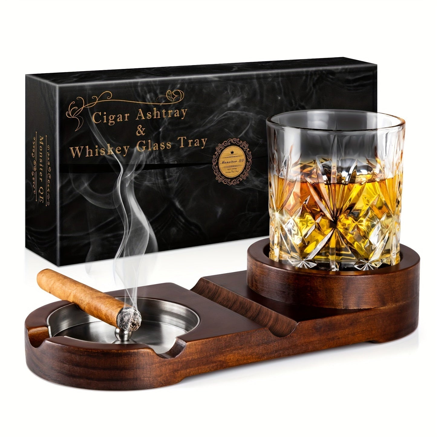 CigarOak Aschenbecher mit Whiskyhalter – Luxuriöses Holztablett für Zigarrenliebhaber