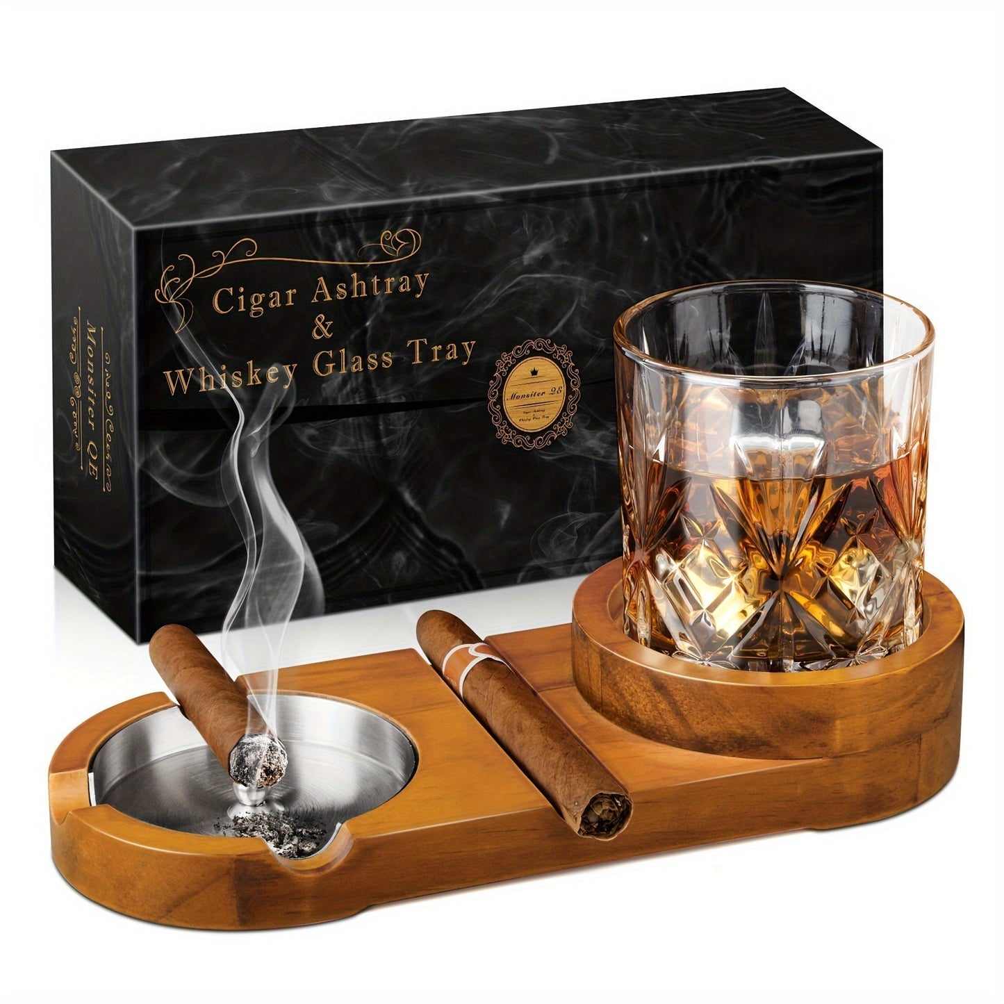 CigarOak Aschenbecher mit Whiskyhalter – Luxuriöses Holztablett für Zigarrenliebhaber