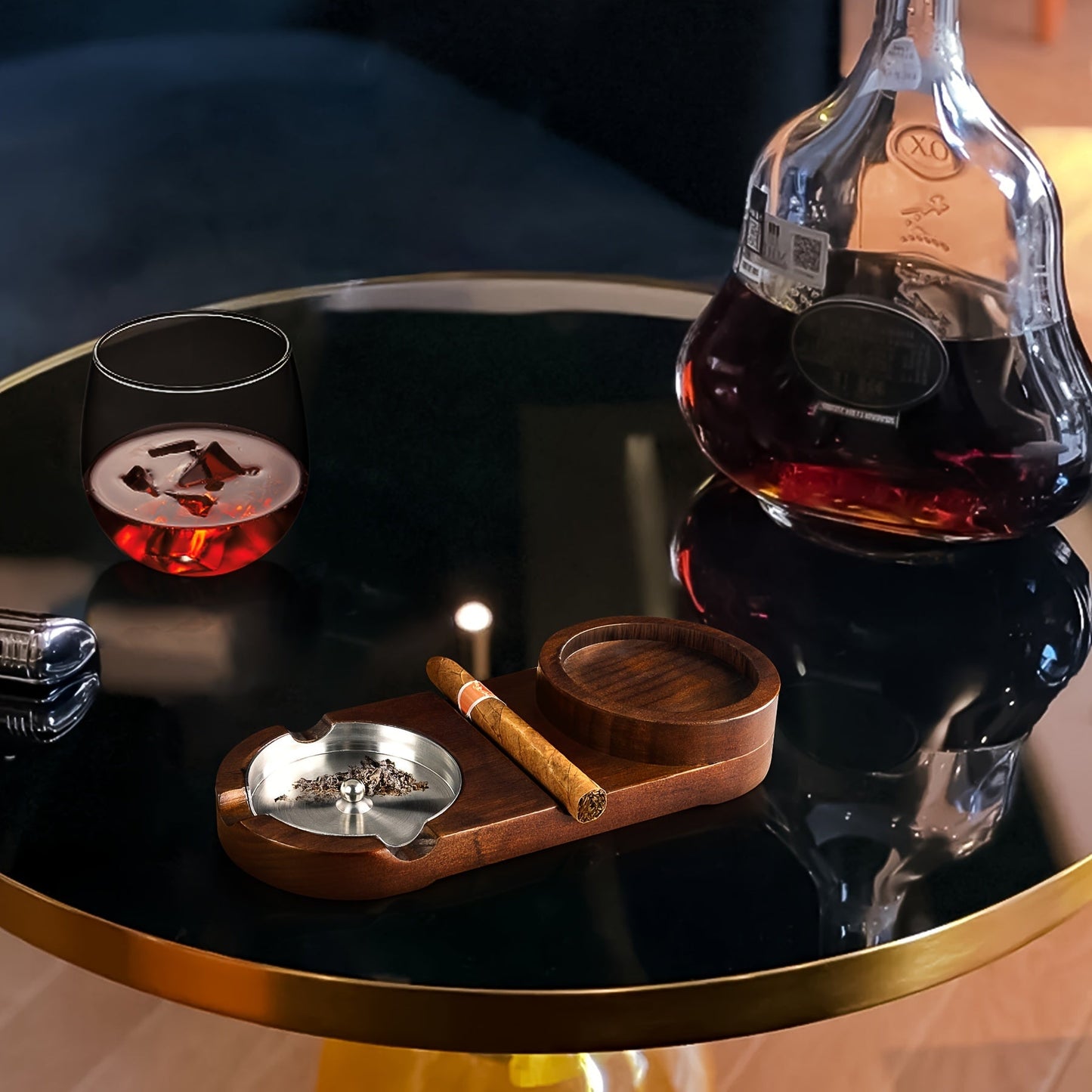 CigarOak Aschenbecher mit Whiskyhalter – Luxuriöses Holztablett für Zigarrenliebhaber
