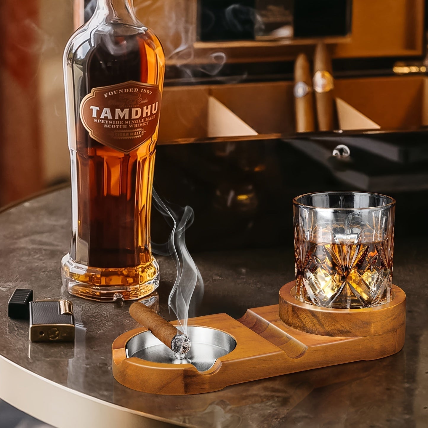 CigarOak Aschenbecher mit Whiskyhalter – Luxuriöses Holztablett für Zigarrenliebhaber