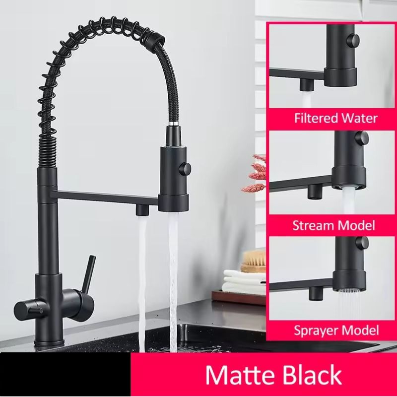 Sandsberg Schwarzer Filter-Küchenwasserhahn mit Dual-Auslauf – Mischbatterie mit Wasserfilter für Küchen, Wasseraufbereitung und Reinigung | Brehn